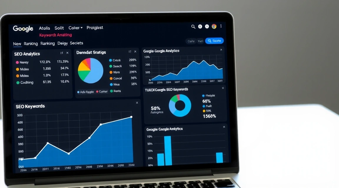 A laptop screen displaying Google Analytics dashboard with various charts and graphs, overlaid with SEO keywords and ranking data. Represents effective SEO strategy and digital marketing.