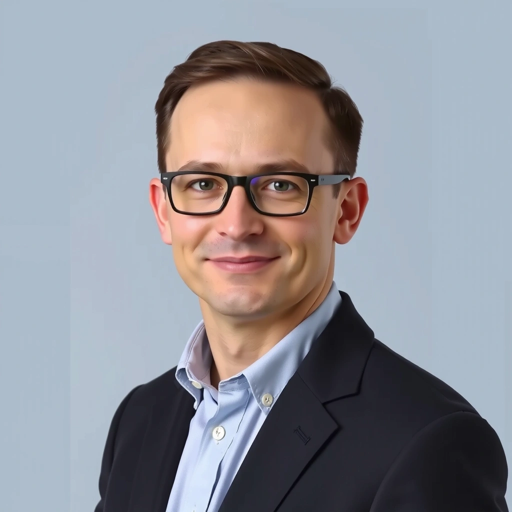 A professional portrait of a man, representing a senior web developer, with a subtle tech background.