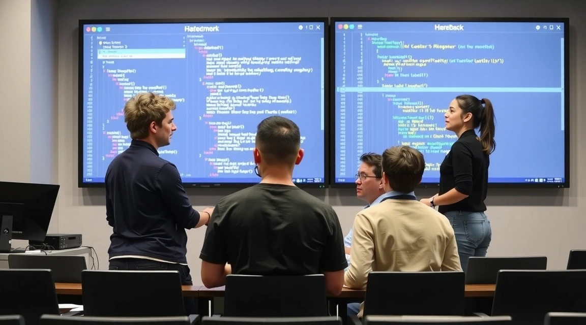 A diverse group of people collaborating on a web development project, looking at a large screen with code snippets and design mockups. Emphasizes teamwork and agile development.