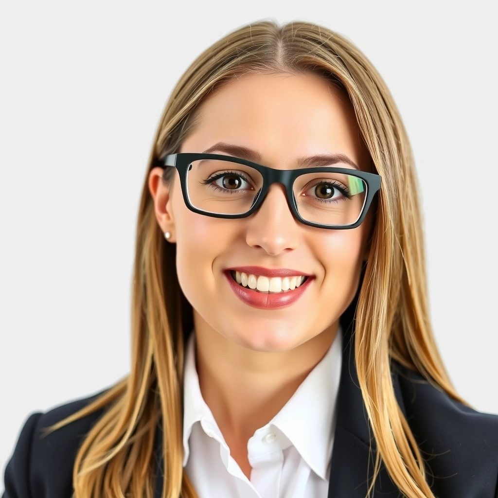 A professional portrait of a smiling woman with glasses, representing a lead web designer.