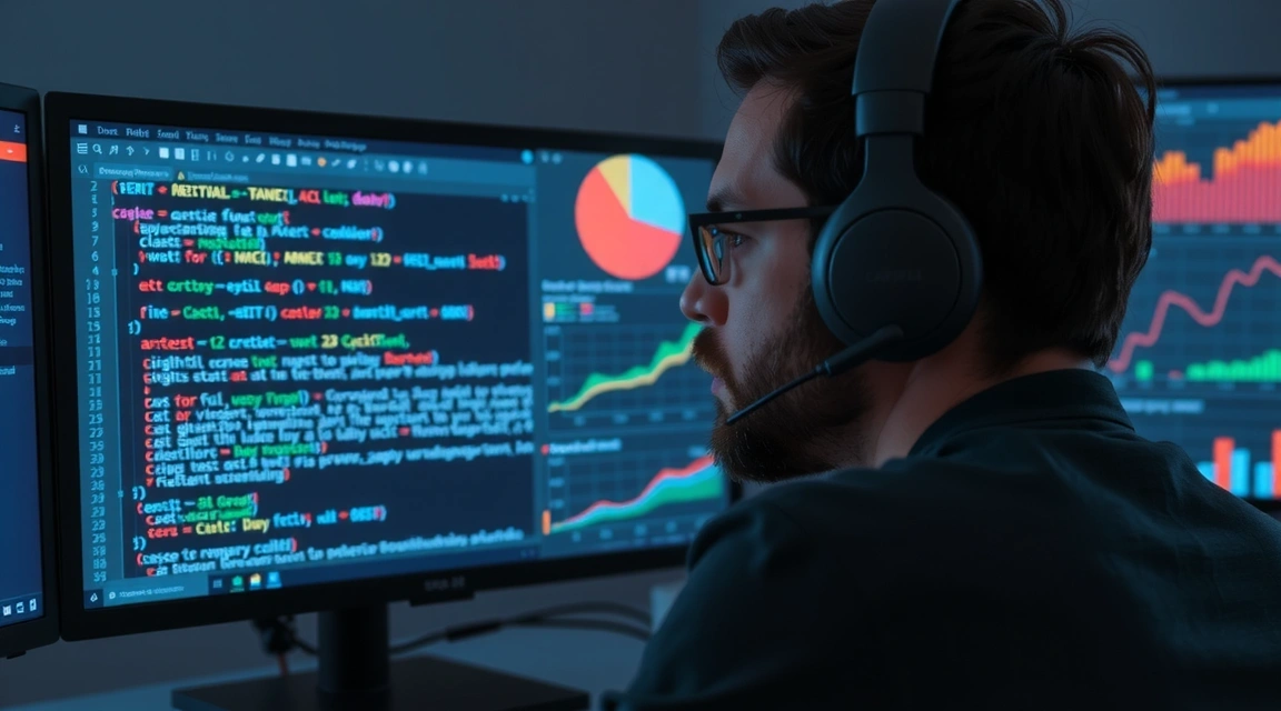 A person wearing headphones, focused on a computer screen displaying code, with various charts and metrics in the background, symbolizing web performance optimization.