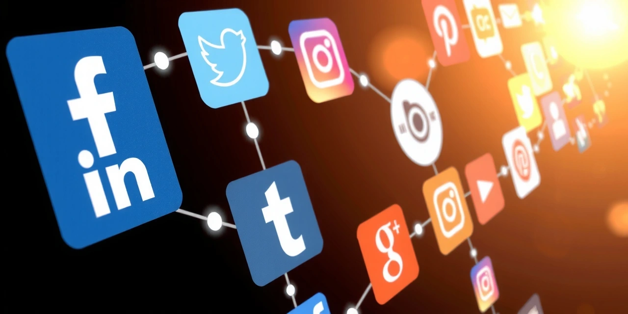 A collage of social media icons arranged artistically, with a subtle background of digital lines and glowing effects.