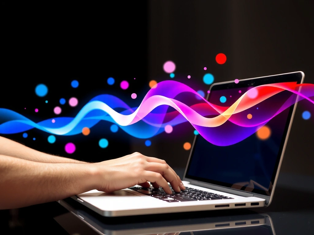 A person typing on a laptop with creative design elements floating around, symbolizing digital communication and problem-solving.