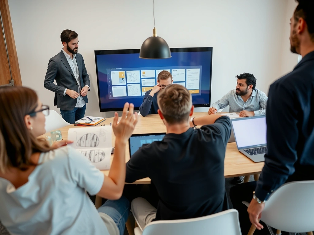 A team of diverse professionals collaborating around a large table, looking at design mockups and discussing a project with enthusiasm.