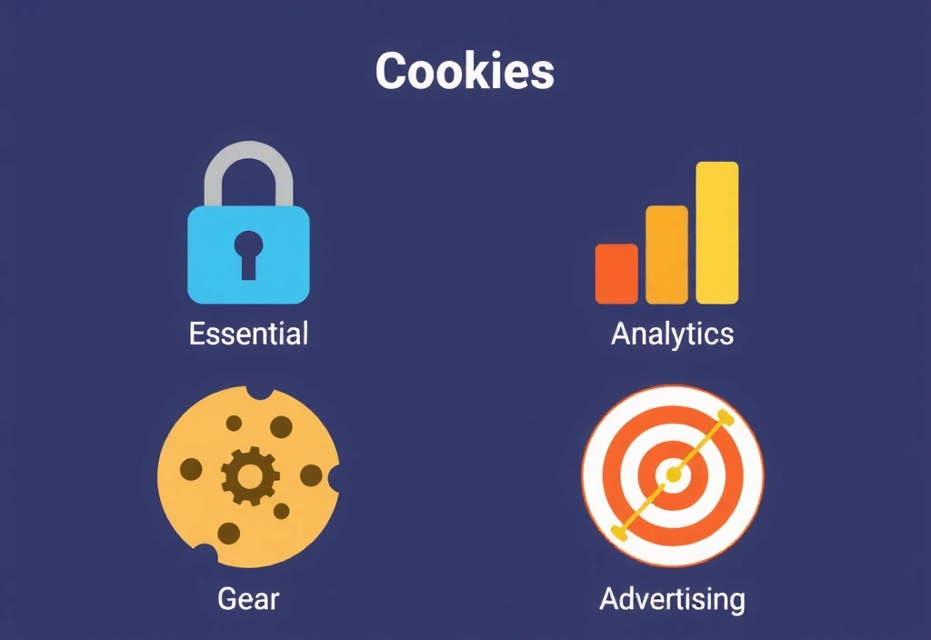 Different types of cookies depicted as small, distinct digital icons, categorized for essential, analytics, functionality, and advertising uses
