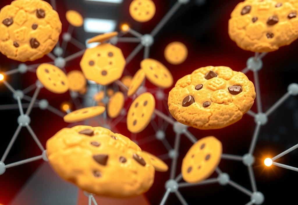 Digital cookies represented as small data files flowing through a network