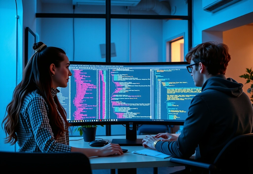 A team of web developers collaborating on a project, showcasing innovation and teamwork.