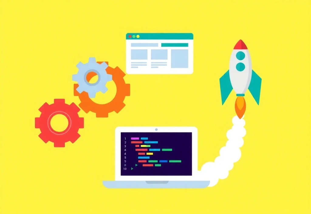 Digital project lifecycle illustration with gears, code, and design elements
