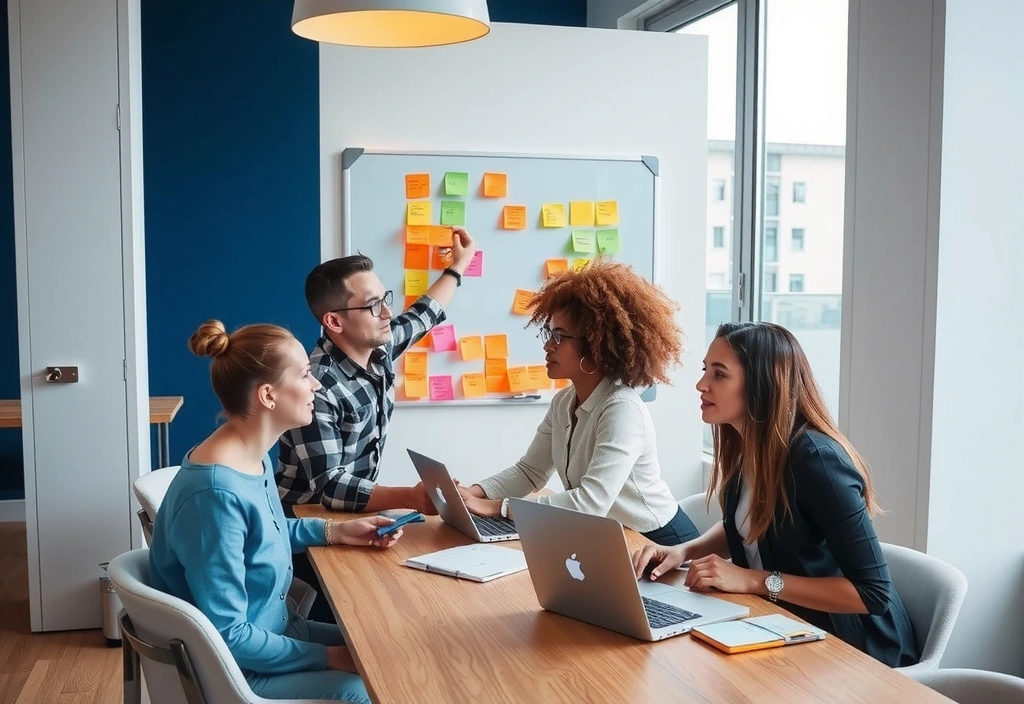Team collaborating on a digital project, brainstorming ideas with sticky notes and laptops