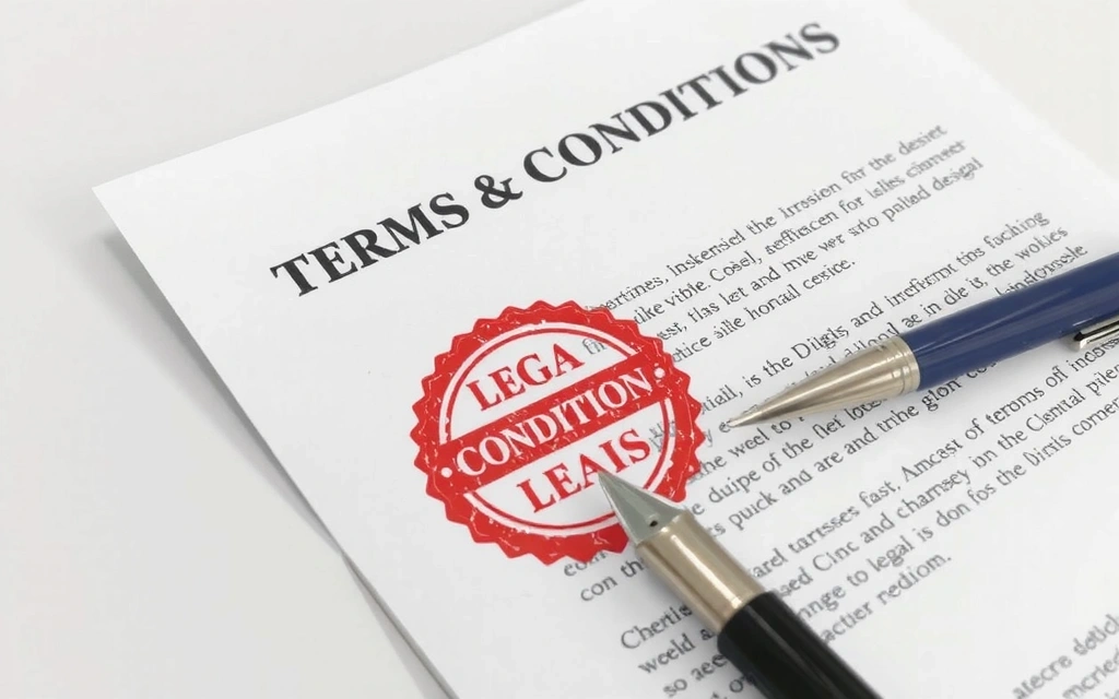 A stylized legal document with a stamp and pen, representing terms and conditions.